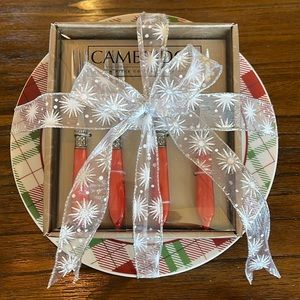 Hostess Gift Set - Holiday Plate and Cambridge Cocktail Forks or Dip Spreaders